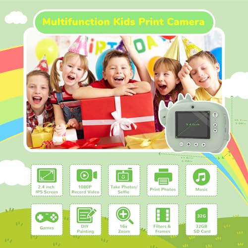 Appareil Photo Instantané Enfants 12MP/1080P Selfie Caméra Vidéo, Cadeau pour Filles Garçons 3-12 Ans avec Carte 32GB (V