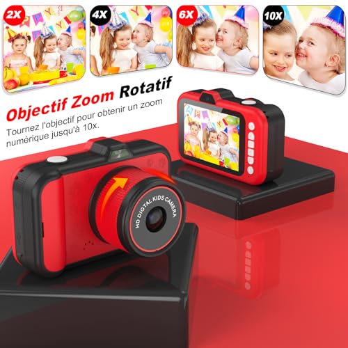 Appareil Photo Enfant 360° Zoom Rotatif, 1080P Écran 3,5", 32 GB SD Cadeau pour Enfants 3-12 Ans avec Selfie et Flash LE