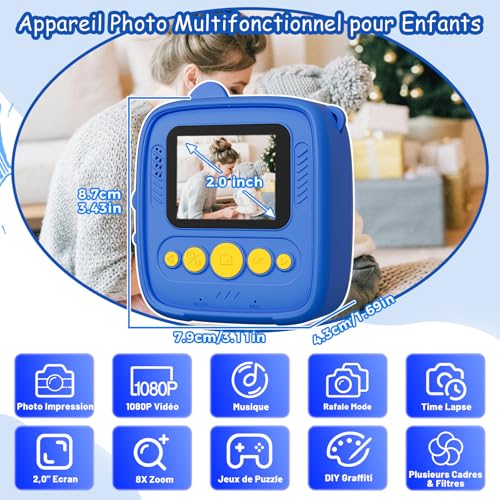 Appareil Photo Instantané Enfants 1080P HD 48MP avec 32GB Carte & Coque Dinosaure, Cadeau Numérique pour Garçons/Filles 