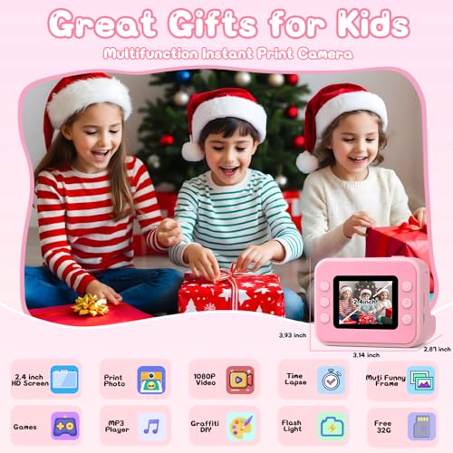 Appareil photo instantané enfant |4" écran 32G carte HD 1080P caméra cadeau Noël anniversaire pour filles garçons 3-10 a