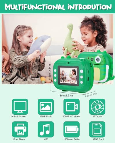 Caméra instantanée pour enfants, dinosaure, HD 1080p - 2,4 pouces avec 32G papier d'impression, carte TF - Cadeau de Noë
