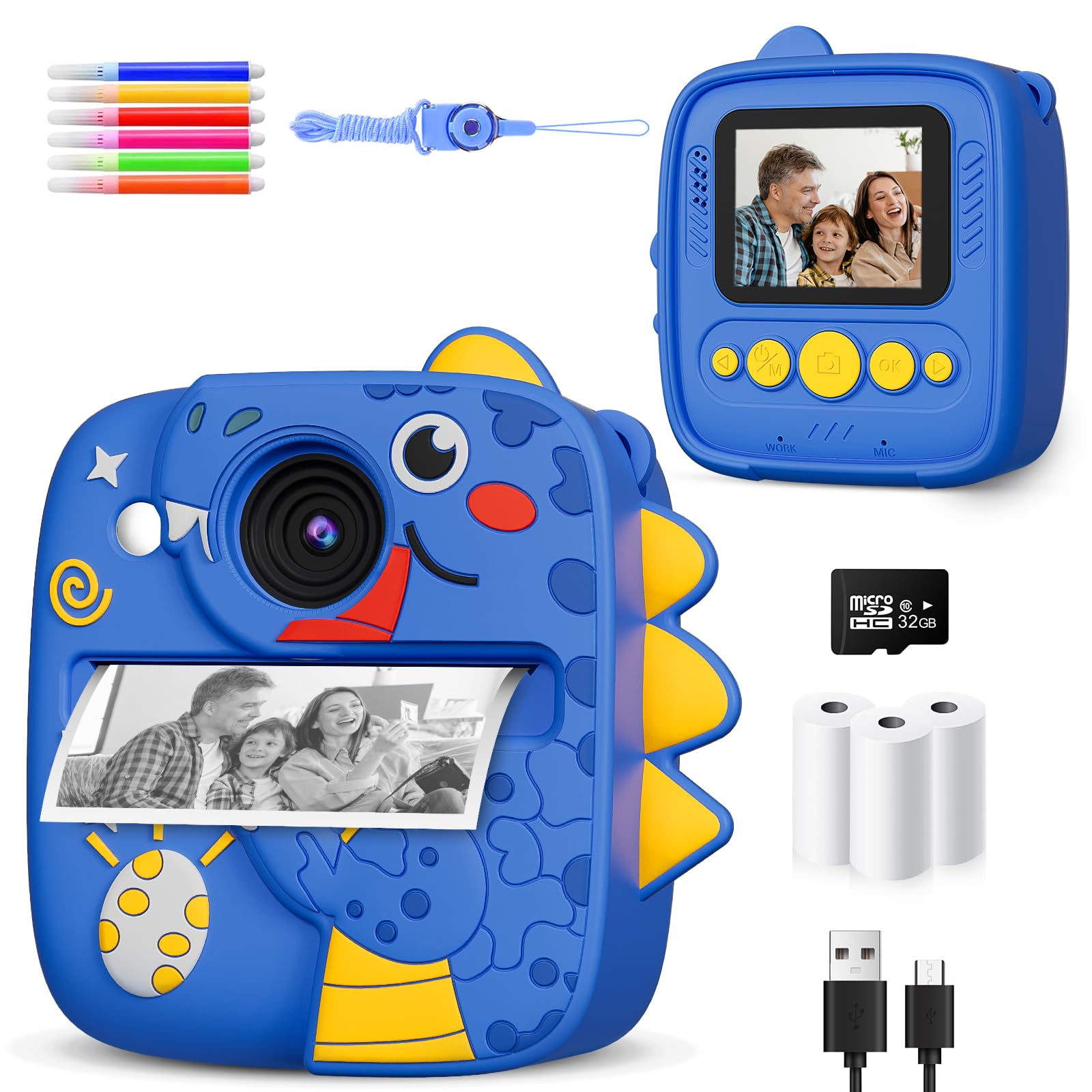 Appareil Photo Instantané Enfants 1080P HD 48MP avec 32GB Carte & Coque Dinosaure, Cadeau Numérique pour Garçons/Filles 